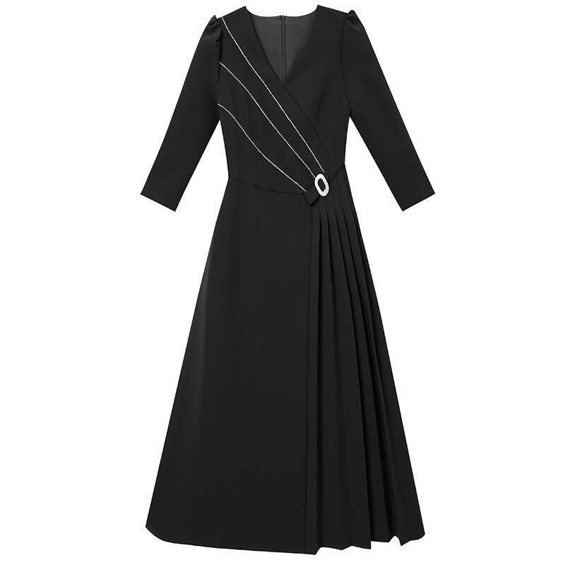 2024 new autumn dress yellow high-end V-neck seven quarter sleeve belly covering nail drill A-line skirt