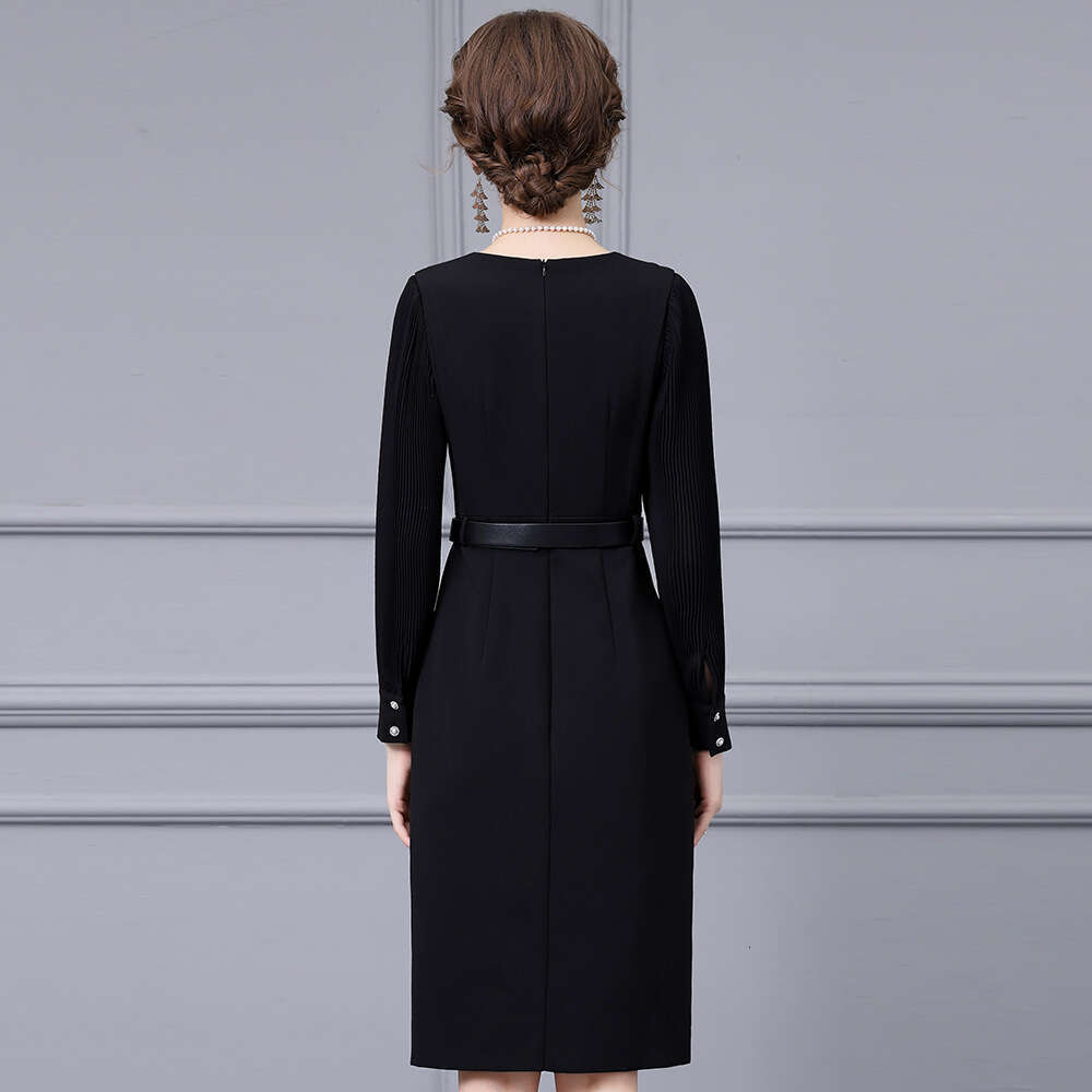 French style black pleated lantern sleeve splicing waist cinching tie dignified and atmospheric dress 2024 autumn new item