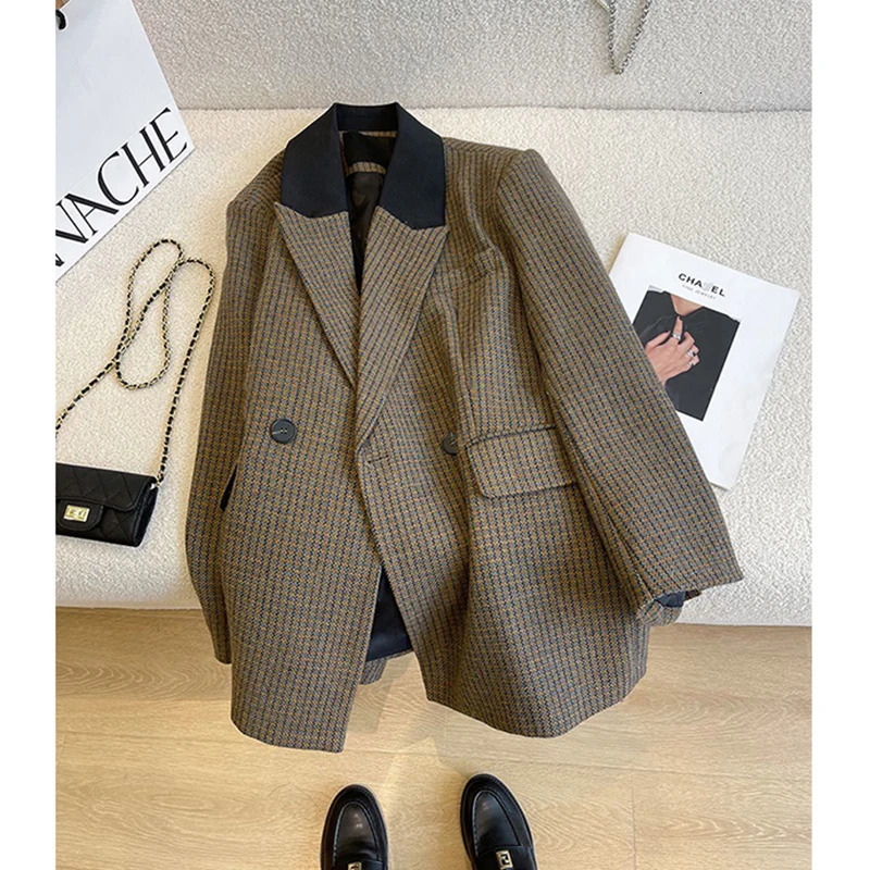 Vintage Wool Blends Coat Elegant Houndstooth Blazer Winter Korean Thicken Jacket Office Ladies Plaid Suit Outerwear 241008