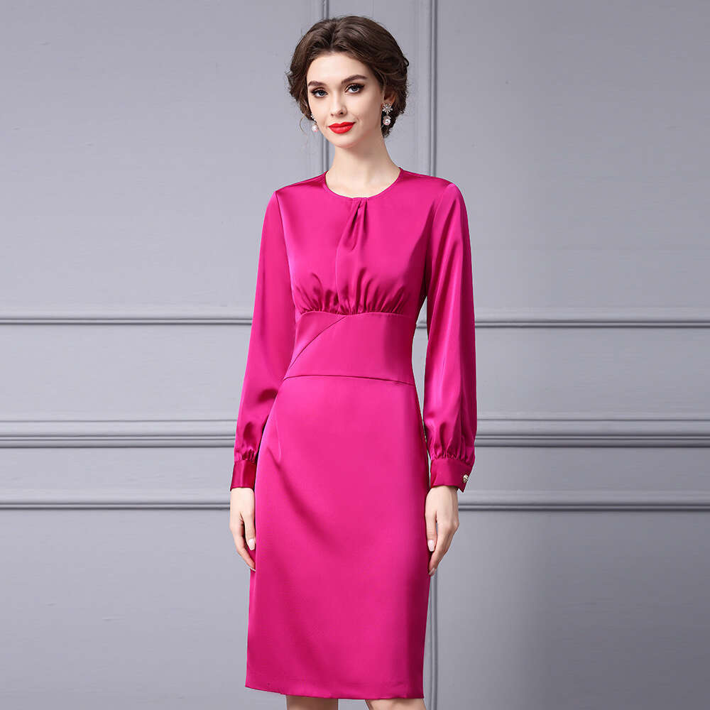 Smart intellectual elegant style 2024 autumn new item high-end feeling rose red temperament waist cinching and slimming long sleeved dress
