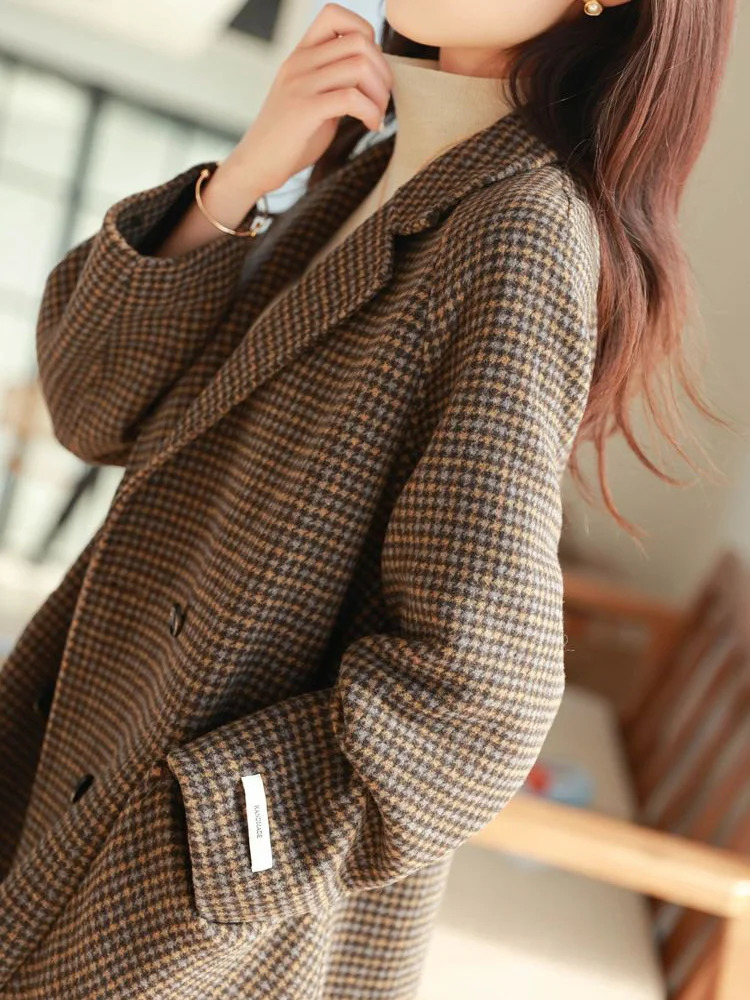 Office Warm Woolen Plaid Suits Coat Fall Winter Mid Length Women Loose Parkas Jackets Oversize Vintage Thick Wool Blend Casaco 241008