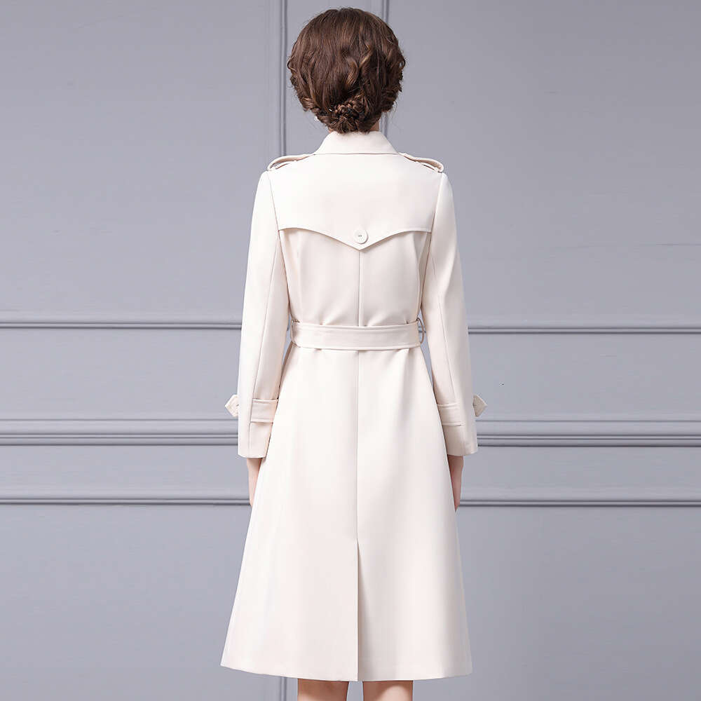 autumn womens clothing 2024 new item high-end feeling beige lapel double row buckle waist slimming windbreaker jacket