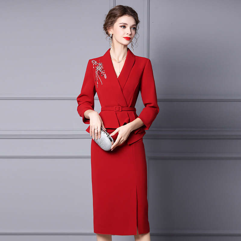 2024 new high-end atmospheric red ruffle edge nail diamond formal occasion dress