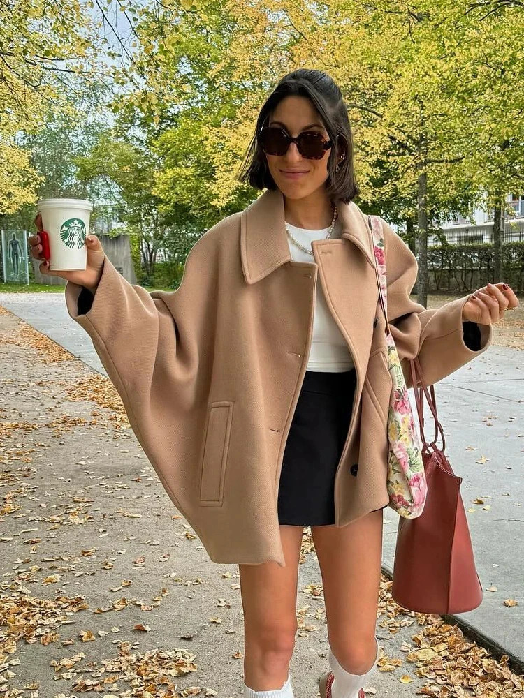 Fashion Lapel Woolen Jacket For Women 2024 Spring Single Breasted Long Sleeve Coats Female Elegant Oversized Chic Street Outwear 241008