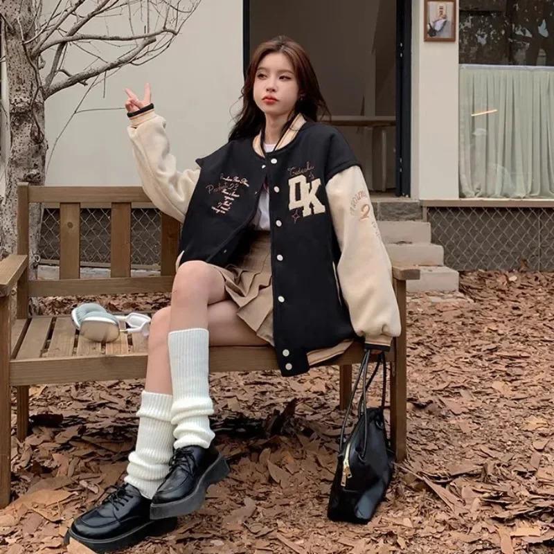 Korean Version Of Retro College Style Letter Embroidery Jacket And Coats Women Street Harajuku Casual Loose Baseball Uniform Top 241011