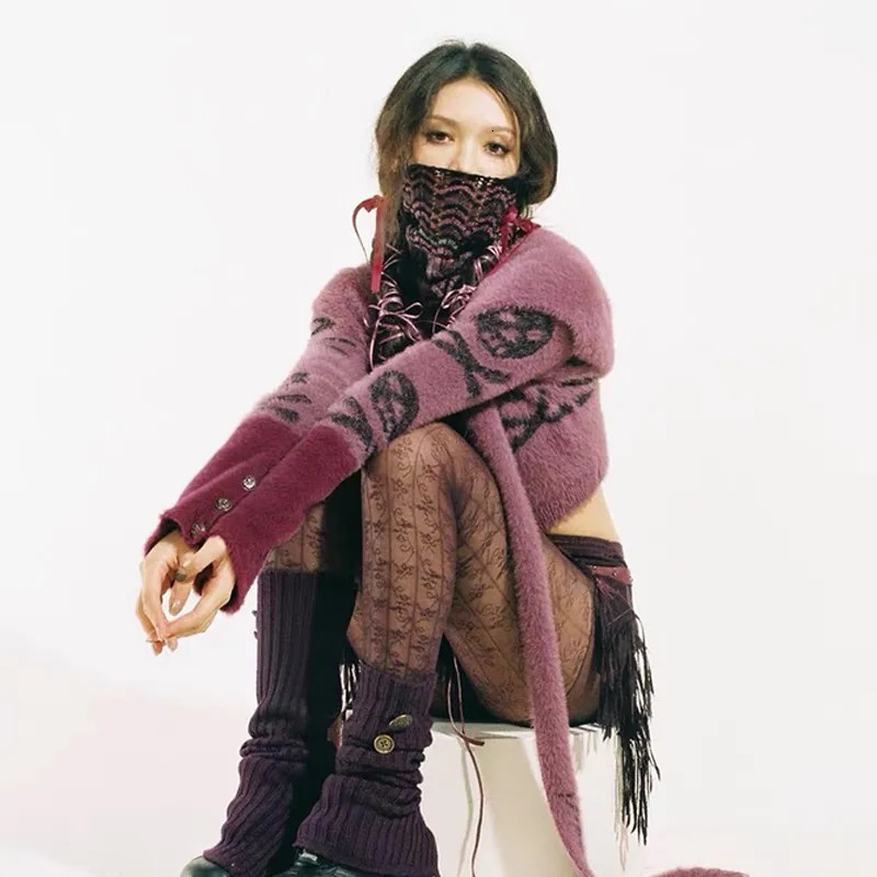 Karrcat Grunge Aesthetics Cropped Cardigan Vintage Y2k Hooded Knitted Sweater Gothic Skull Embroidery Knitwear Punk Style Emo 241007