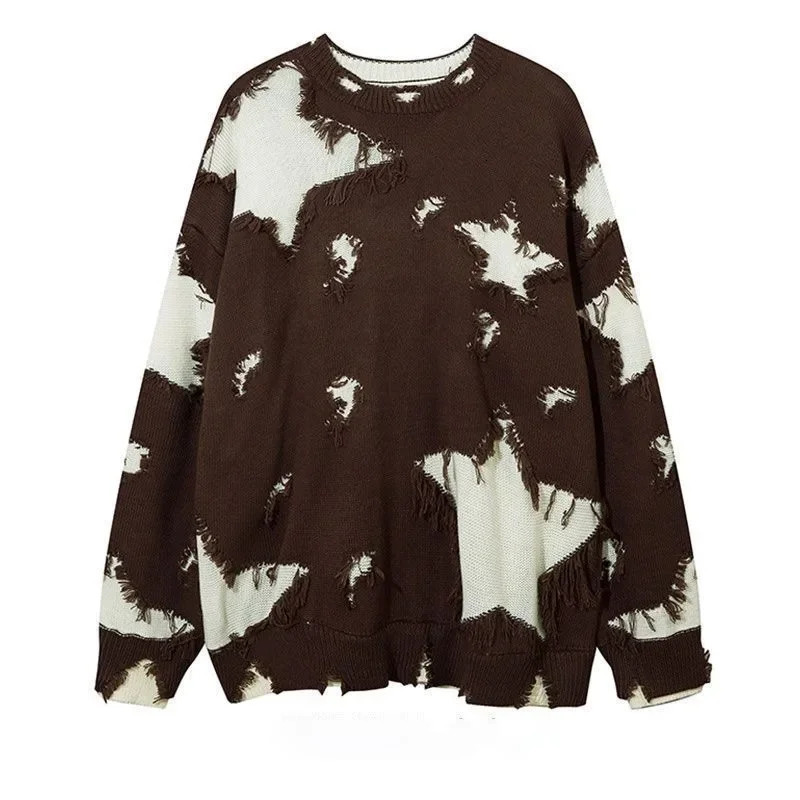 Star Hollow Tassel fashion hip-hop mens sweater Inset American High Street loose casual floral couple knitting 241007