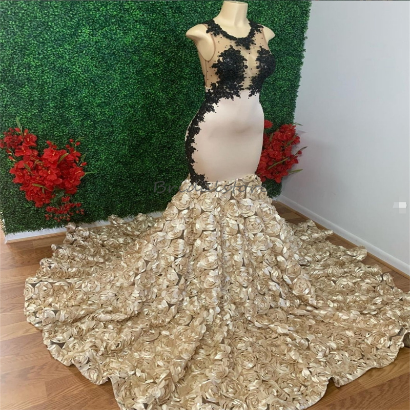 Vintage Champagne And Black Prom Dresses For Black Girls Floral Bottom Mermaid Evening Gowns Illusion Top African Open Back Formal Dress Stunning Birt