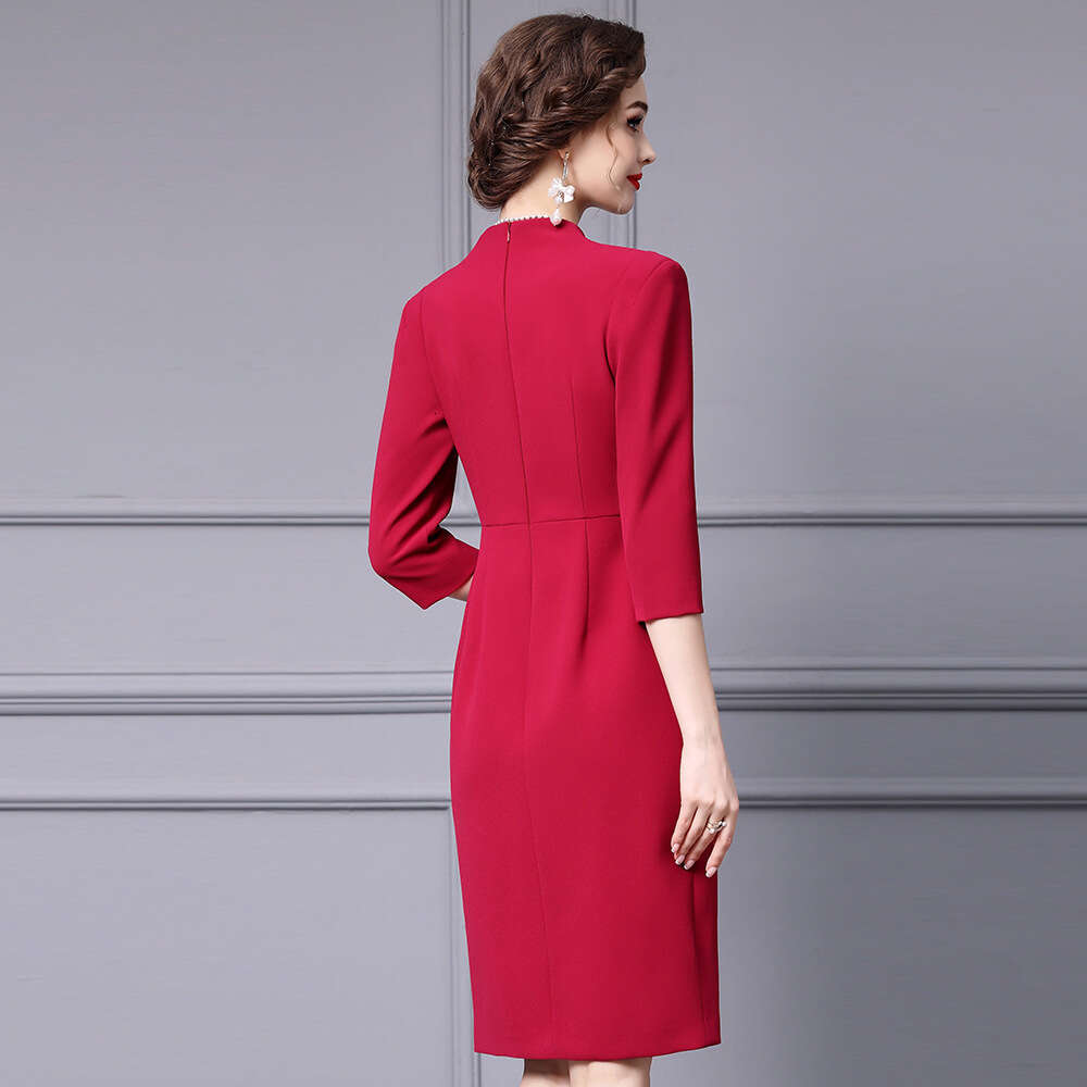 red dignified and atmospheric dress handmade nail bead ruffle edge split hip skirt autumn 2024 new item