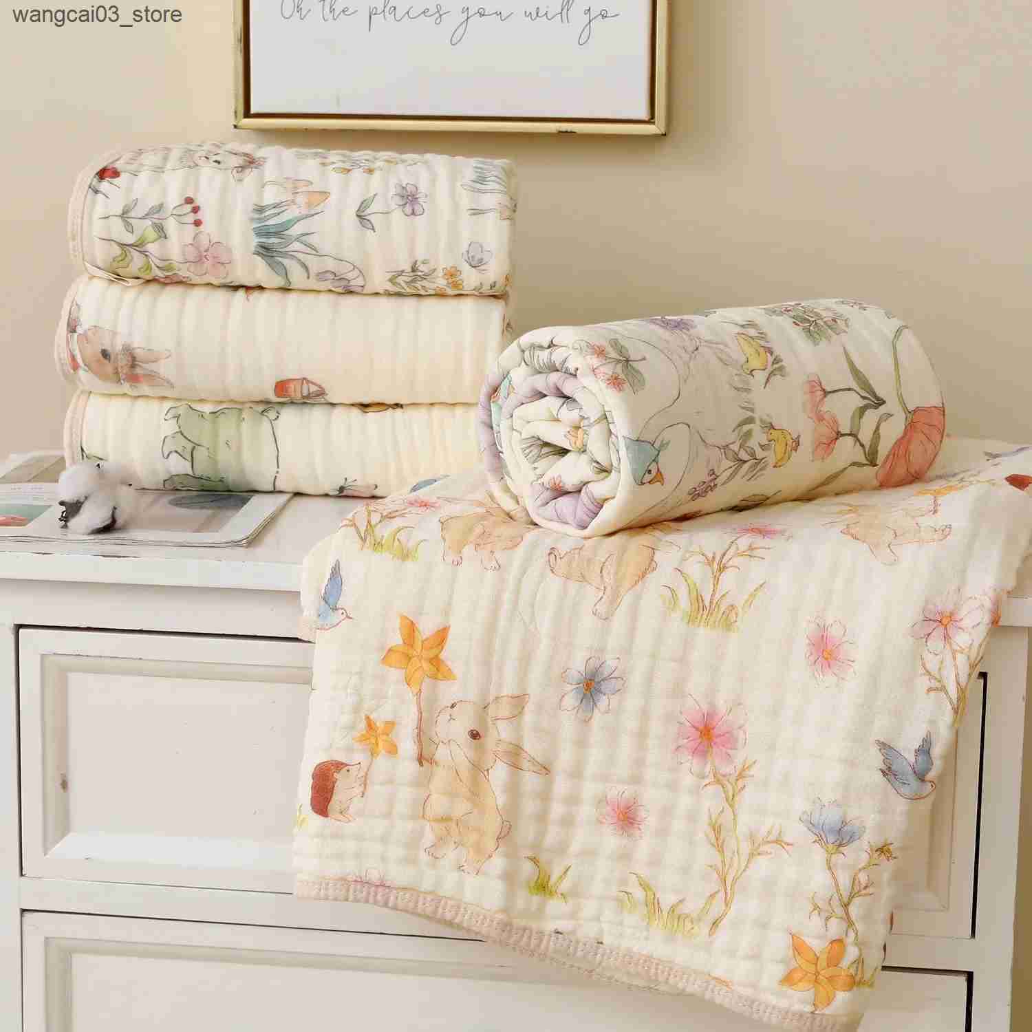 Blankets Swaddling Double Crepe Baby Blankets Newborn Muslin Cotton Gauze Quilt Print Swaddle Blanket Kids Bedding Stroller Cover L240910