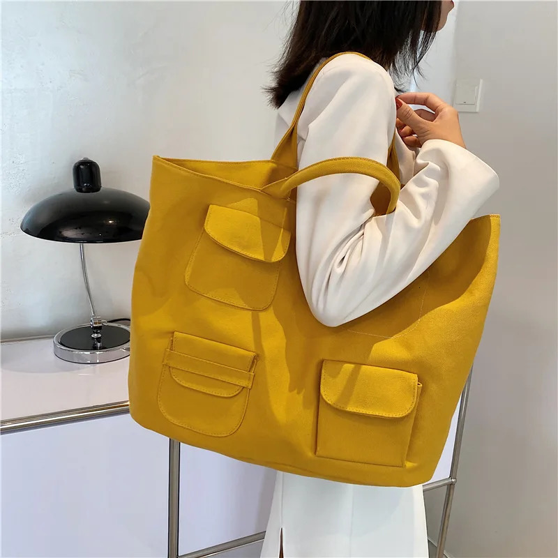 Korean womens canvas handbag INS pocket yellow shoulder shopping bag soft cotton womens handbag 241008