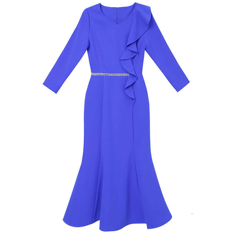 formal occasion dress 2024 autumn new red V-neck ruffled nine quarter sleeve slimming fishtail skirt