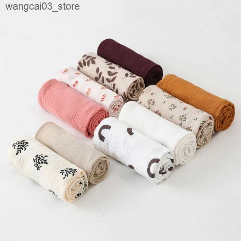 Blankets Swaddling Cotton Swaddle Blanket Baby Blanket Solid Color Floral Print Muslin Diaper Swaddle New Born Crinkle Fabric Born Stroller Cover L240