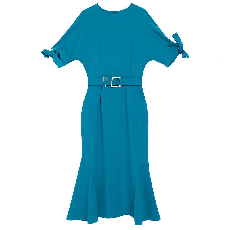 solid color dress pear shaped figure 2024 summer new bow short sleeved waist slimming fishtail skirt