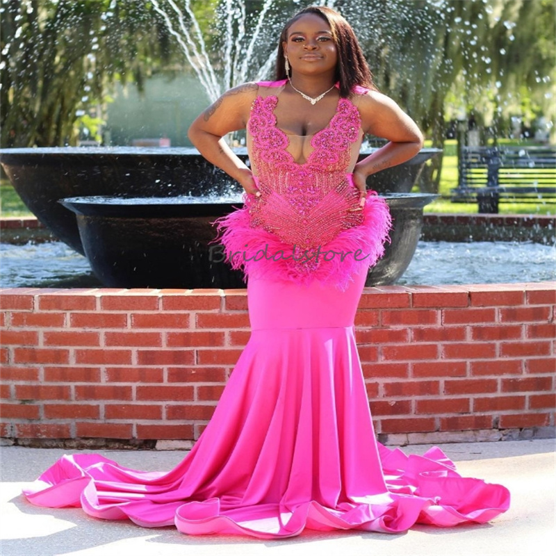 Hot Pink Luxury Prom Dresses 2025 Plus Size Diamond Crystal Mermaid Evening Dress Black Girls Feather Birthday Dresses Nigerian African vestidos de fi