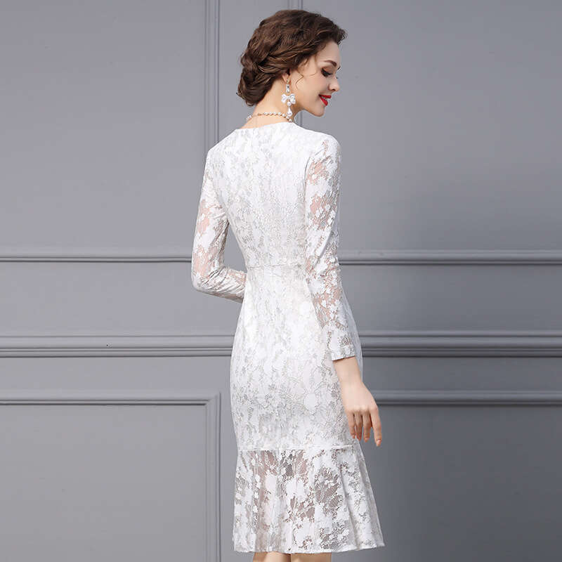 white dress 2024 new womens autumn style high-end lace nail drill slim fit mid length fish tail skirt