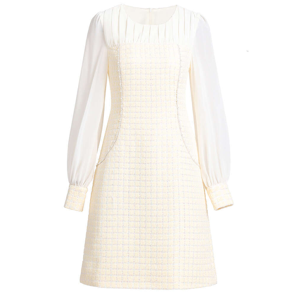 long sleeved nail bead patchwork apricot gentle ladylike style dress autumn wealthy heiress 2024 new item for women