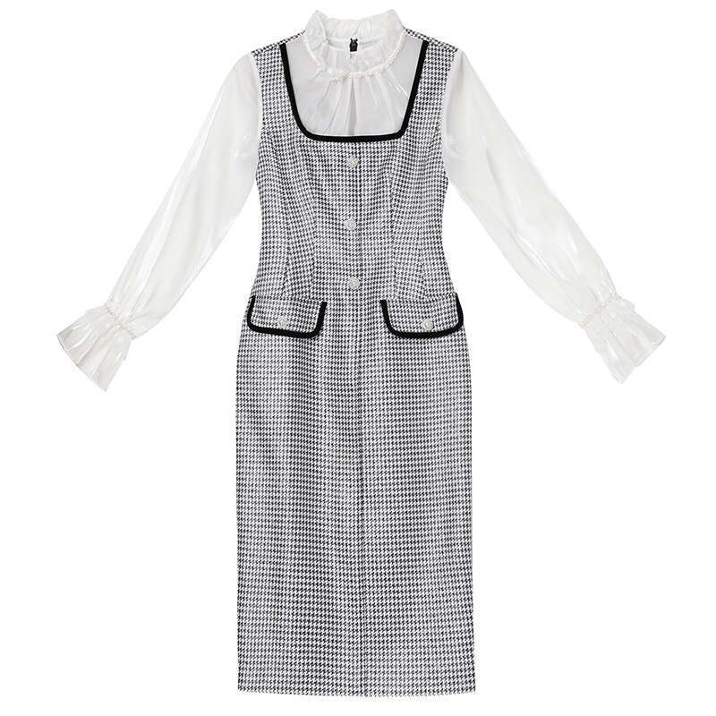 French Dress 2024 Autumn New Style High end Wood Ear Standing Collar Nail Bead Temperament Bag Hip Skirt