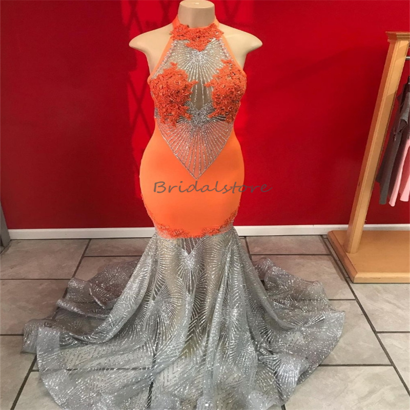 Stunning Orange And Silver Prom Dresses For Black Women Glitter Sequin Mermaid African Evening Dress Appliques Lace Formal Occasion Pageant Dress Vest