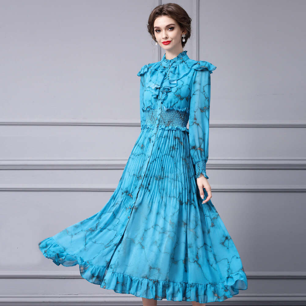high-end printed dress 2024 new model with mushroom edge pleats high waisted stand up collar sleeved long skirt big swing autumn