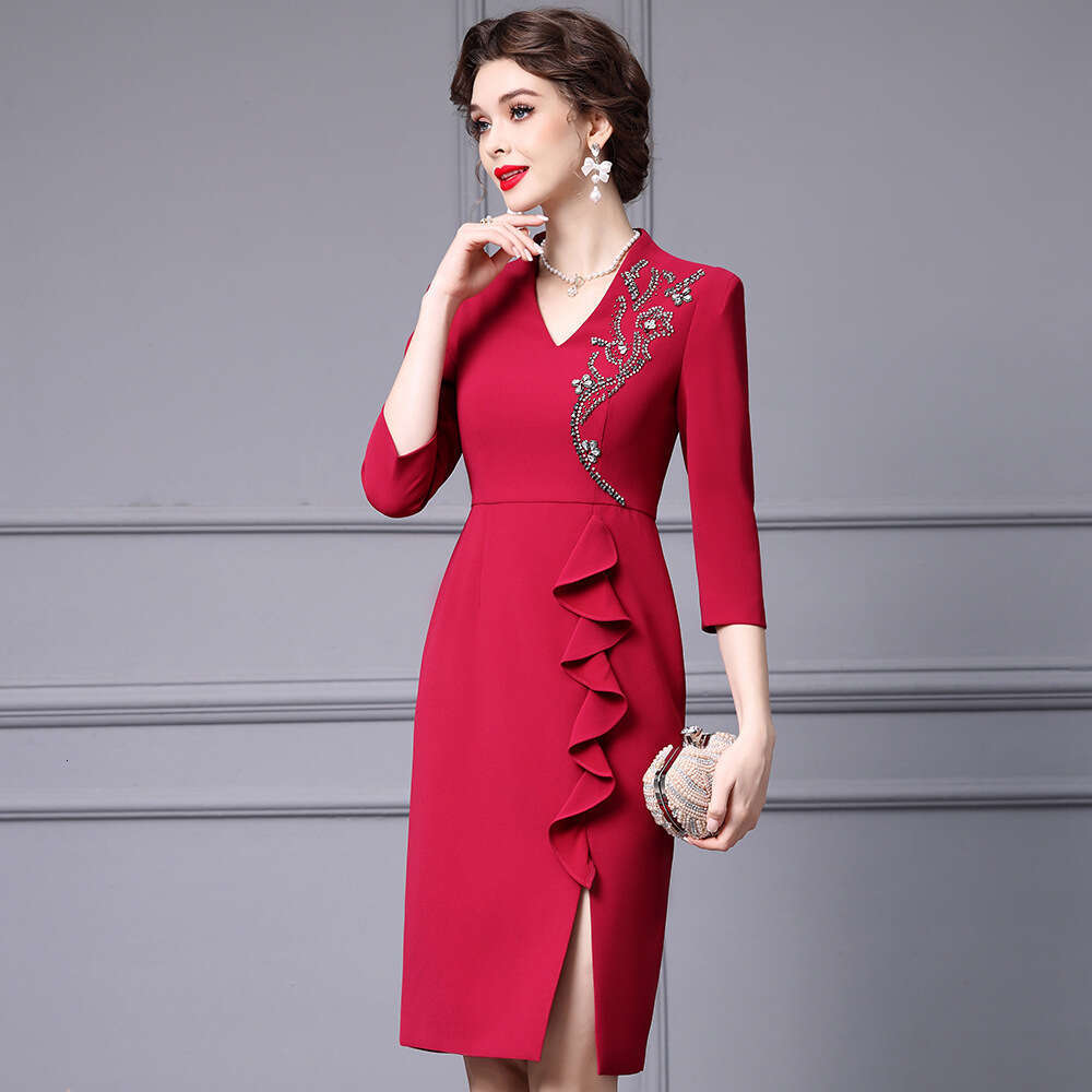 red dignified and atmospheric dress handmade nail bead ruffle edge split hip skirt autumn 2024 new item