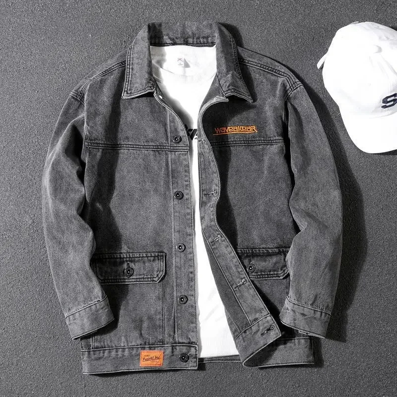Male Jean Coats Winter Oversize Mens Denim Jacket Gray Wide Shoulders With Embroidery G ed Big Size Fashion Elegant Classy 241011