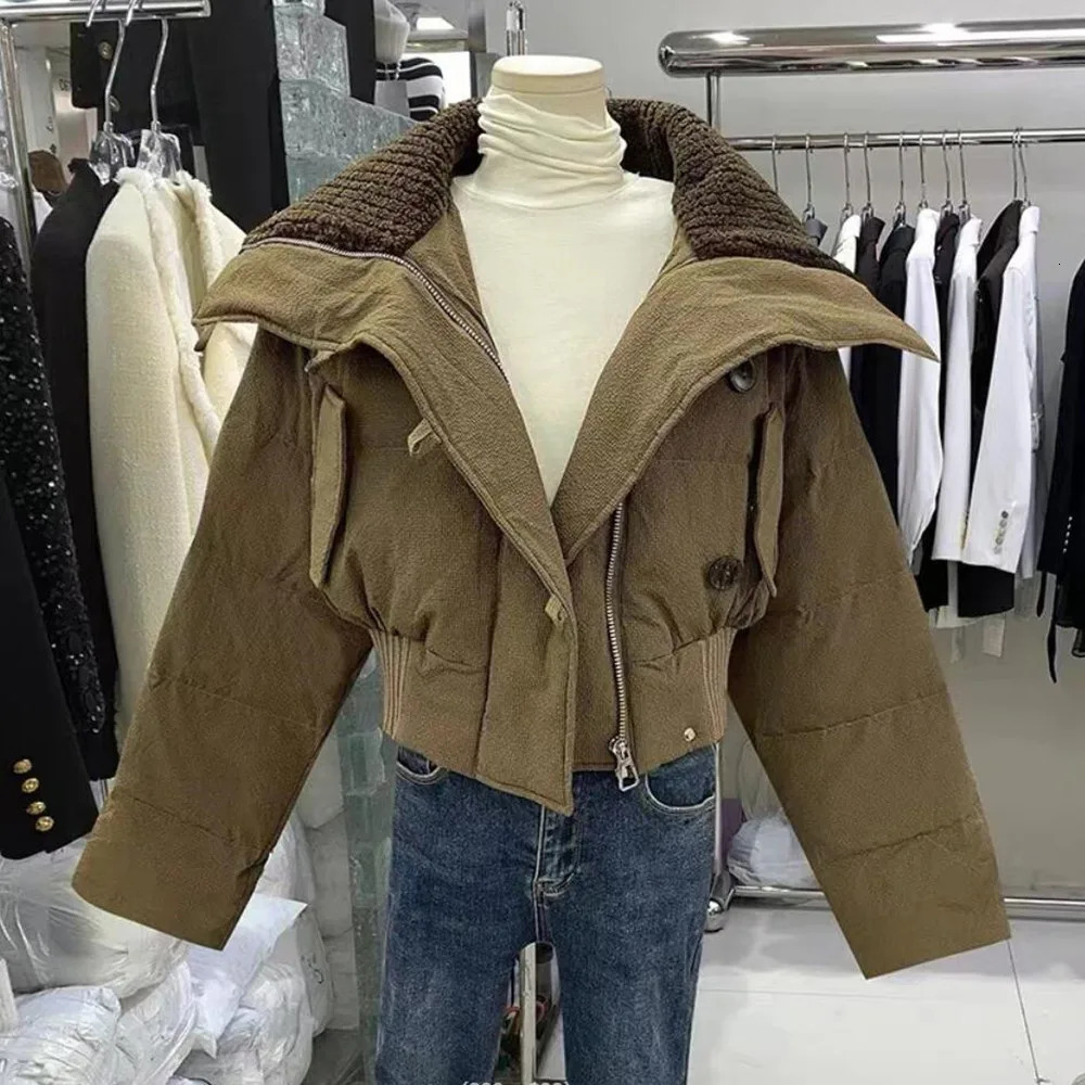 2024 Autumn Winter Korean Knit Collar Zipper Coat Women Thick Street Puffer Jacket Loose Parka Warm Cottonpadded Short Outwear 240930