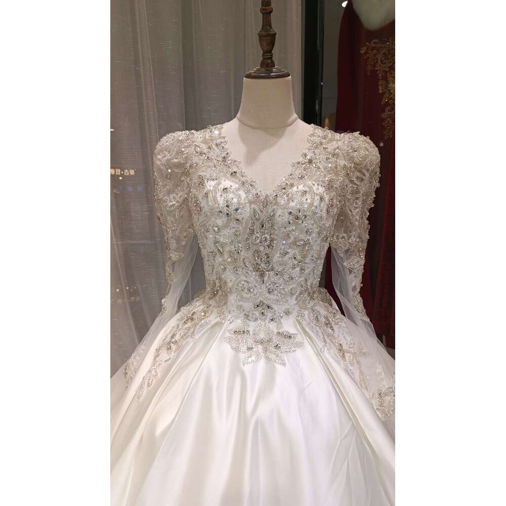 Green Collection New Design custom made V NECK LONG SLEEVES SATIN Bridal dresses