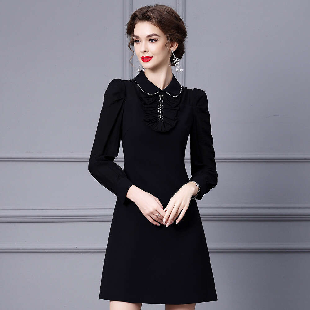 Smart and exquisite dress 2024 autumn new item black doll collar French elegant socialite A-line mid skirt