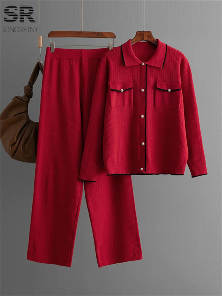 SINGREENY French style Knitted 2-piece Womens Pocket Single Chest Polo Neck TopPants Fashion 2-piece Set 241010