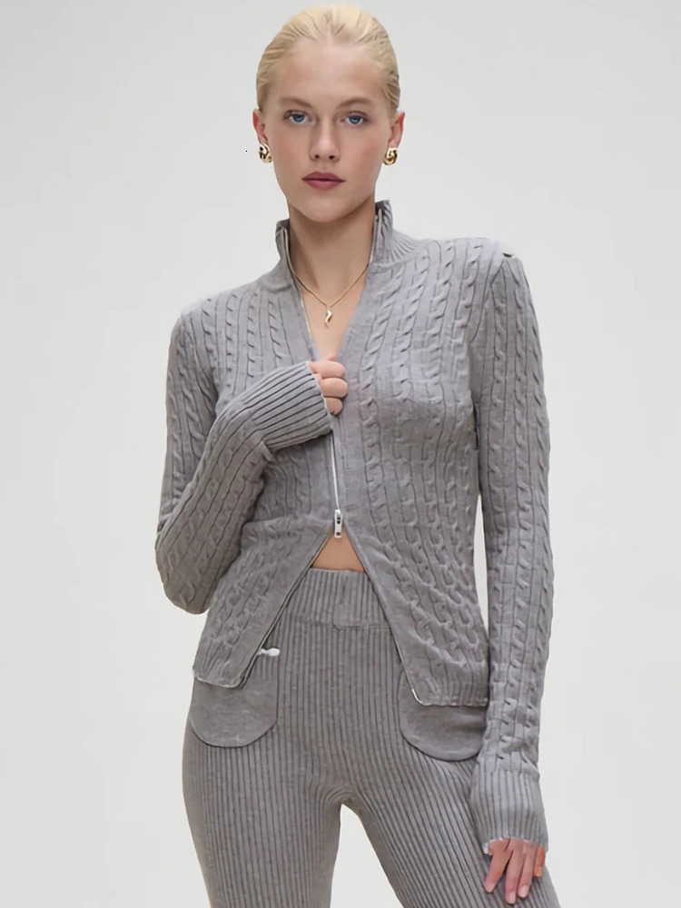 Sibybo Zip up Twist Knitted Sweater Womens Autumn and Winter Casual Turtle Neck Long Sleeve Open Knitted Sweater 241011