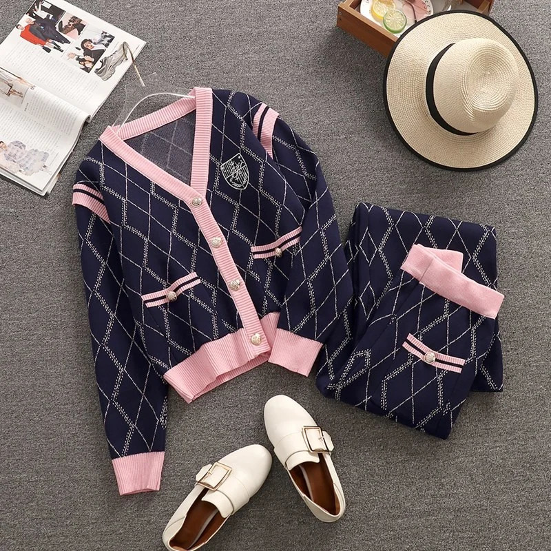 Knitted two-piece womens autumn clothing set casual long sleeved sweater cardiganwide leg pants set 241010