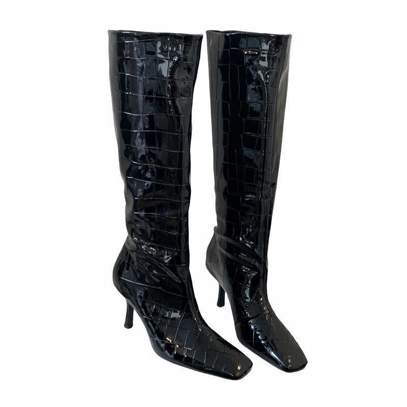 Crocodile Patterned Fashion Boots Square Toe High-heeled Long Martin Boots For Women Autumn Winter Knee Knight Boots Slim Heels Boots 240826