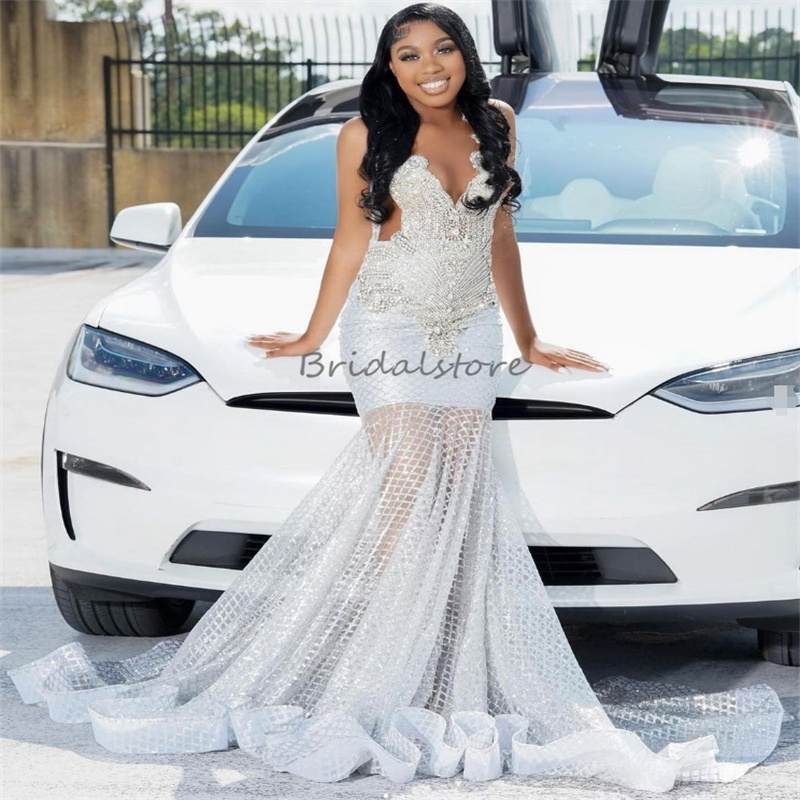 Excellent Silver Crystal Prom Dresses Sparkly Sequin Mermaid African Evening Gowns 2025 Glitter Dance Birthday Occasion Formal Party Gowns Robe De Soi