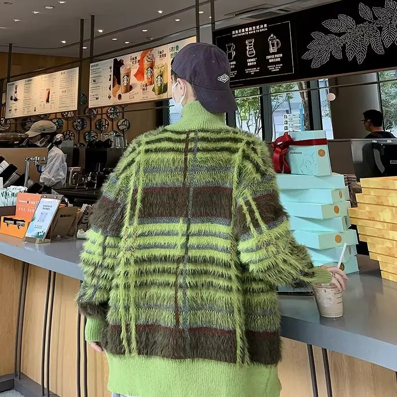 Mens striped cardigan sweater retro casual button knit Korean fashion street bag Y2K sweater cardigan jacket 241007