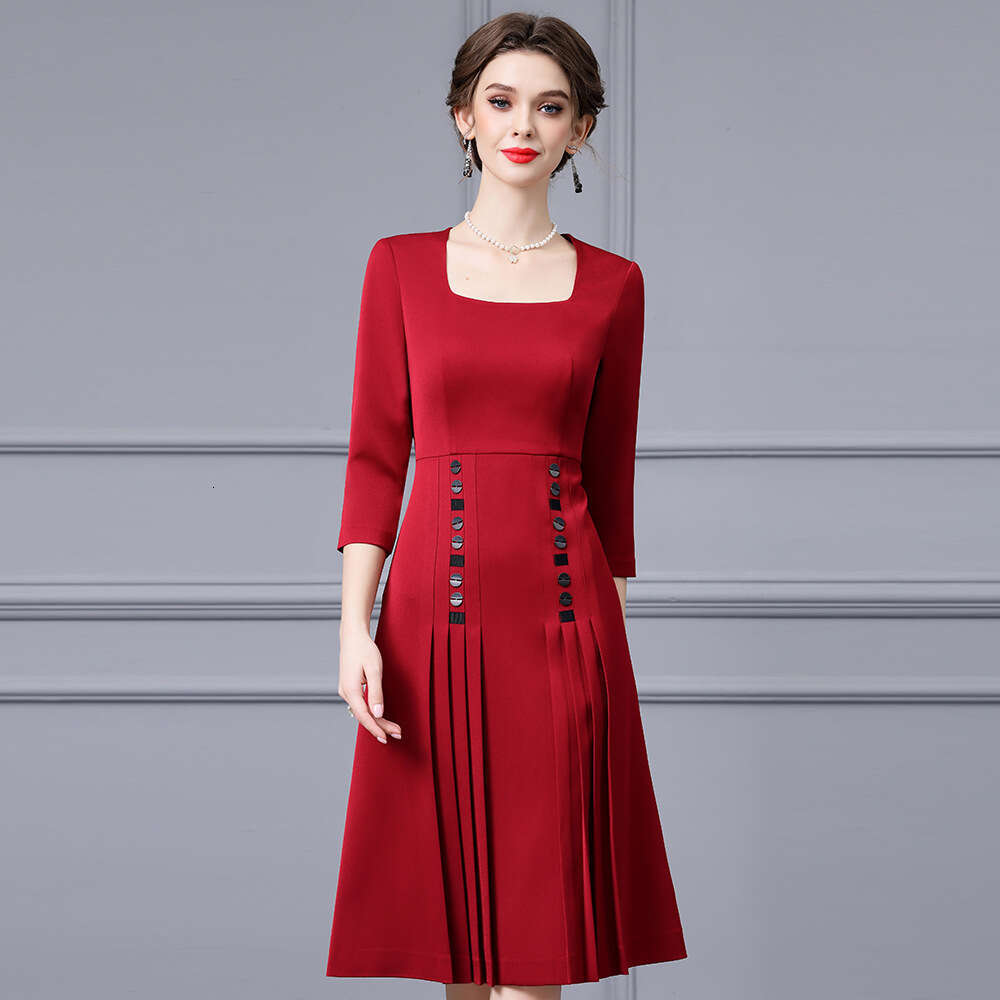 autumn clothing 2024 new item seven quarter sleeve high waist slimming noble womens pleated A-line square neck dress