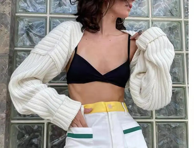 Knitted Bolero Cardigan for Women Open Front Cropped Shrug Sweater Long Sleeve Trendy Knitwear 241007