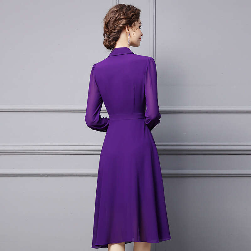 Smart elegant dress for women 2024 new autumn purple ruffle edge mid long style covering the belly and slimming shirt skirt