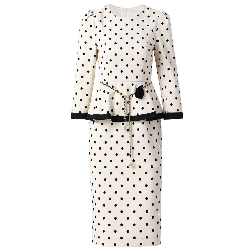 2024 Autumn Collection New Lotus Leaf Edge Splicing Slimming and slimming Style Womens Flavor Dot Fake Two piece Dress
