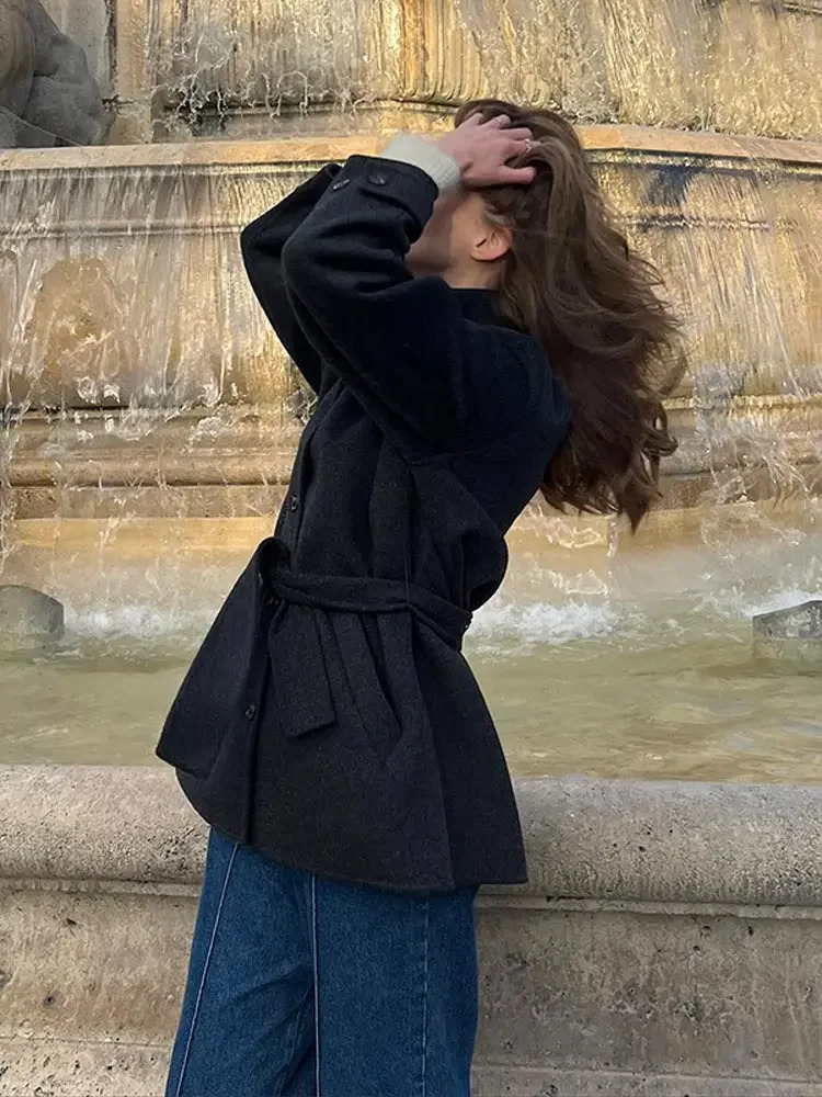 Single Breasted Lace Up Woolen Womens Coat Fashion Warm Solid Pocket Wool Jackets Autumn Winter Female High Street Outerwear 241008