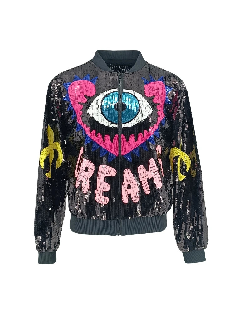 Y2K Streetwear Bling Eye Letter Sequin Women Jacket Hip Hop Juniors Colorful Baseball Bomber Cartoon Outwear 241011