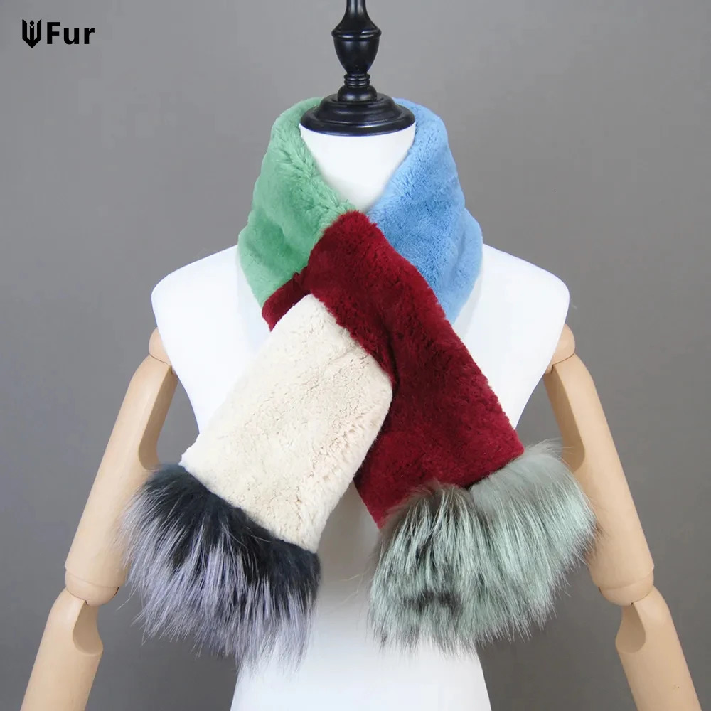 2024 Winter Women Genuine Knitted Fox Fur Scarf Real Rex Rabbit Fur Collar Warm Neck Natural colorful Rex Rabbit Fur Scarves 241009
