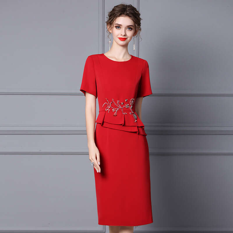 wine red 2024 new summer outfit high-end nail bead fake two-piece short sleeved waist slimming dress