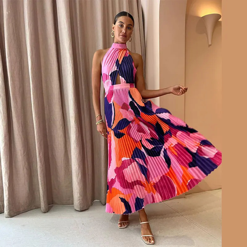 Maxi Dresses Summer Autumn Chic Vacation Holiday Vestidos Elegant V-neck Print Long Sleeve Dress For Women Patchwork Split 241010