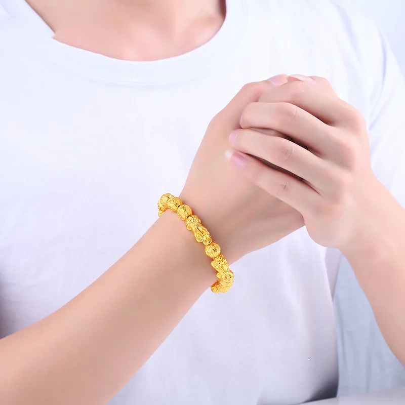 Fengshui Vietnam Shakin Pixiu Bracelet Natural Stone Gold Beads Carving Inscriptions Charm Lucky Wealth Bracelet Jewelry 241011