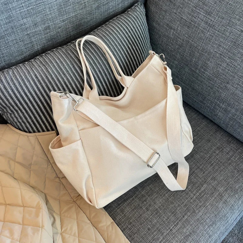 Womens Simple Literature Solid Color Ins Lazy Style Canvas Large Bag Korean Version Single Shoulder Horizontal Bag 241008