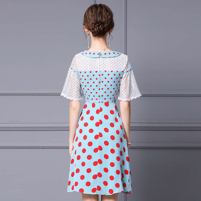 Sweet Summer 2024 New Style Reduced Aging Trumpet Sleeves Lace Polka Dot Slimming A-line Dress for Women