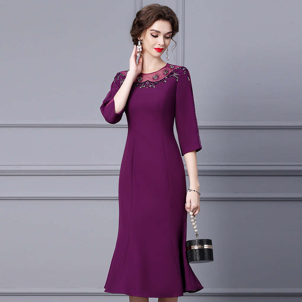 dopamine autumn outfit light luxury heavy industry nail bead seven quarter sleeve fish tail wrapped hip skirt dress 2024 new product