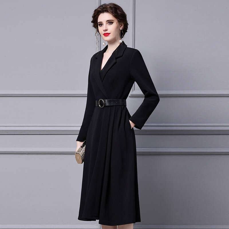 black dress for spring and autumn women 2024 new style suit collar mid length long sleeved waist cinching slimming A-line skirt