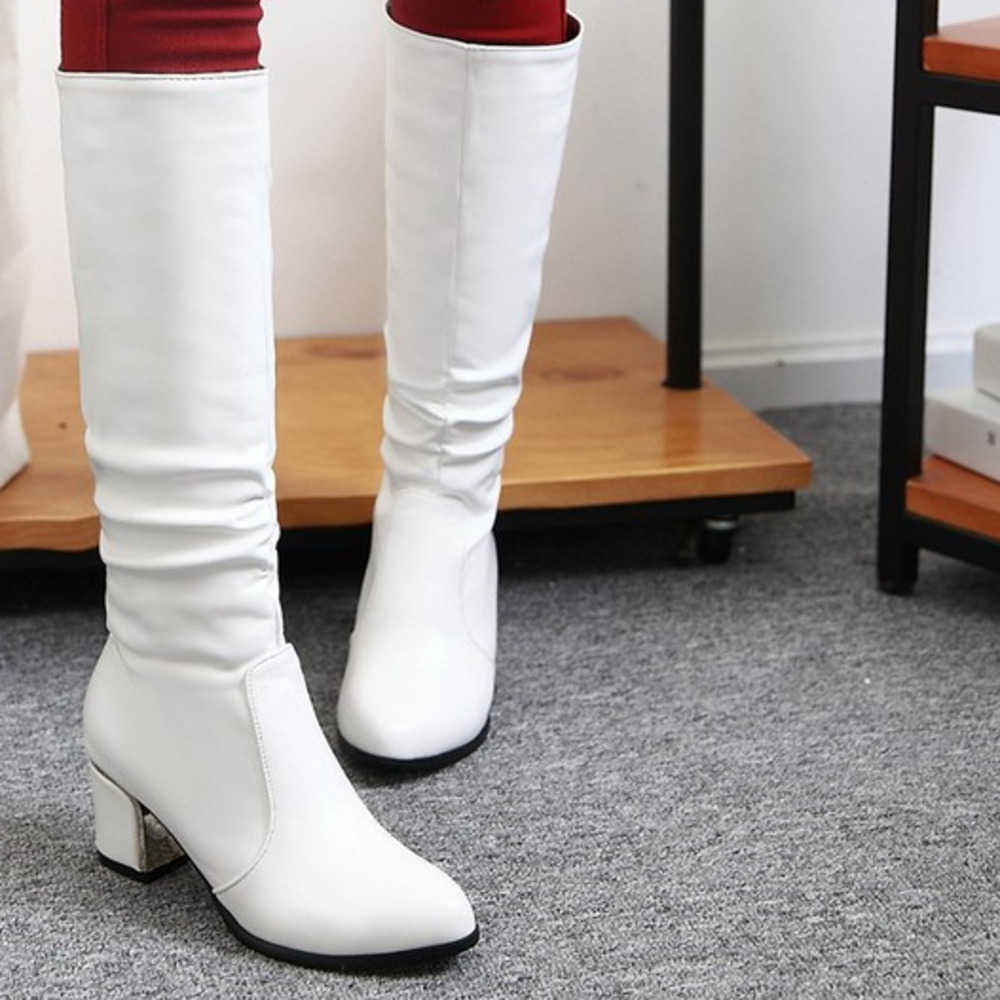 Large Long Fashion Boots For Women Fashionable Martin Boots Pointed Toe Thick Heel High-heeled Knight Boots For Women Solid Color Leather Knight Boots